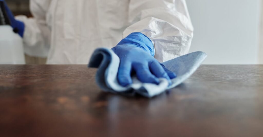 Person in protective suit using disinfectant on surface to ensure cleanliness and safety.
